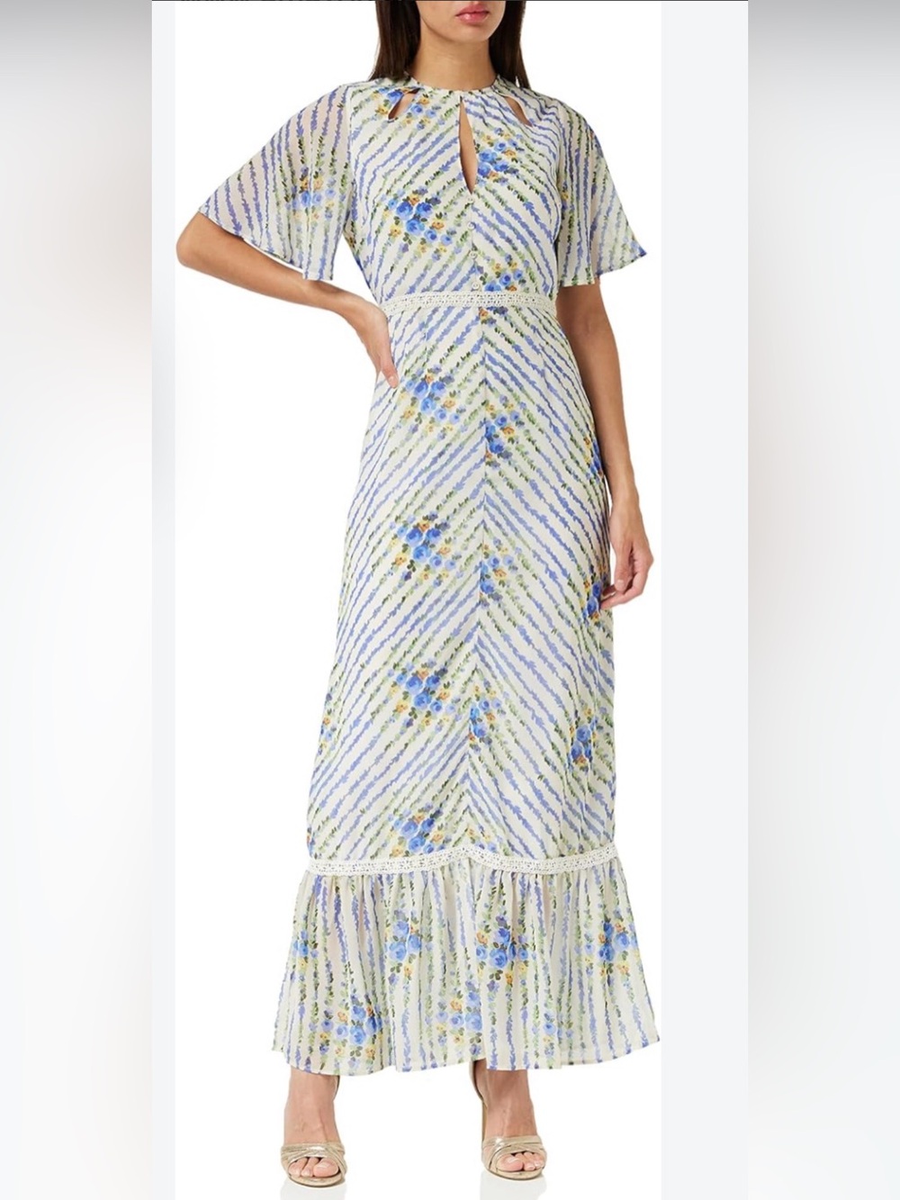 Hope & Ivy Hedda Floral Maxi Dress Ivory Blue Striped Lace Trim Size 6